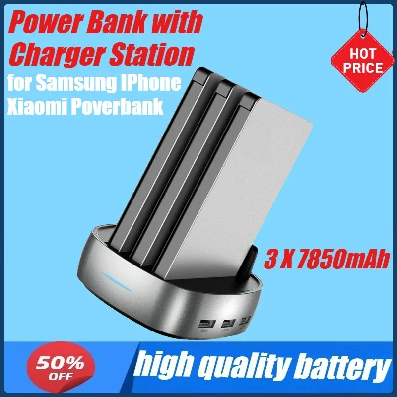

3X 7850mAh Power Bank Rechargeable Battery with Charger Station USB Phone Charger Holder Fast Charging for Samsung IPhone Xiaomi