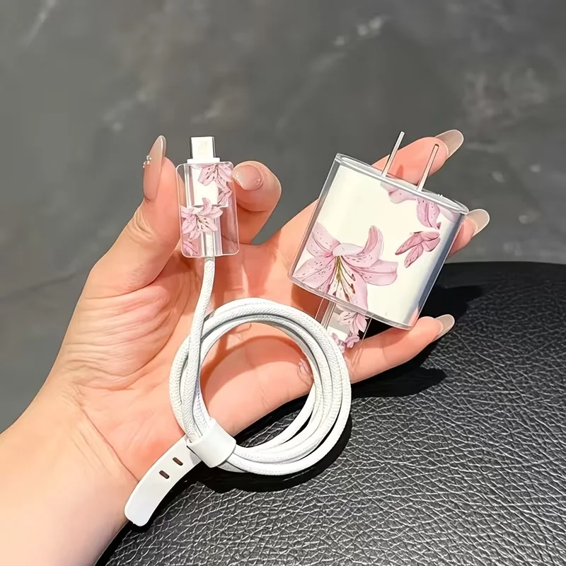 4-Piece Set Pink Lily Charging Data Cable Protector Winder Accessories For iPhone 18/20w Charger Protective Cover