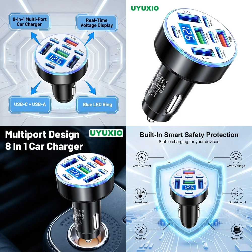 Professional 8 in 1 Multi Port Car Adapter for iPhone 16 Samsung S26 Ultra iPad with LED Digital Voltage Display for SUV