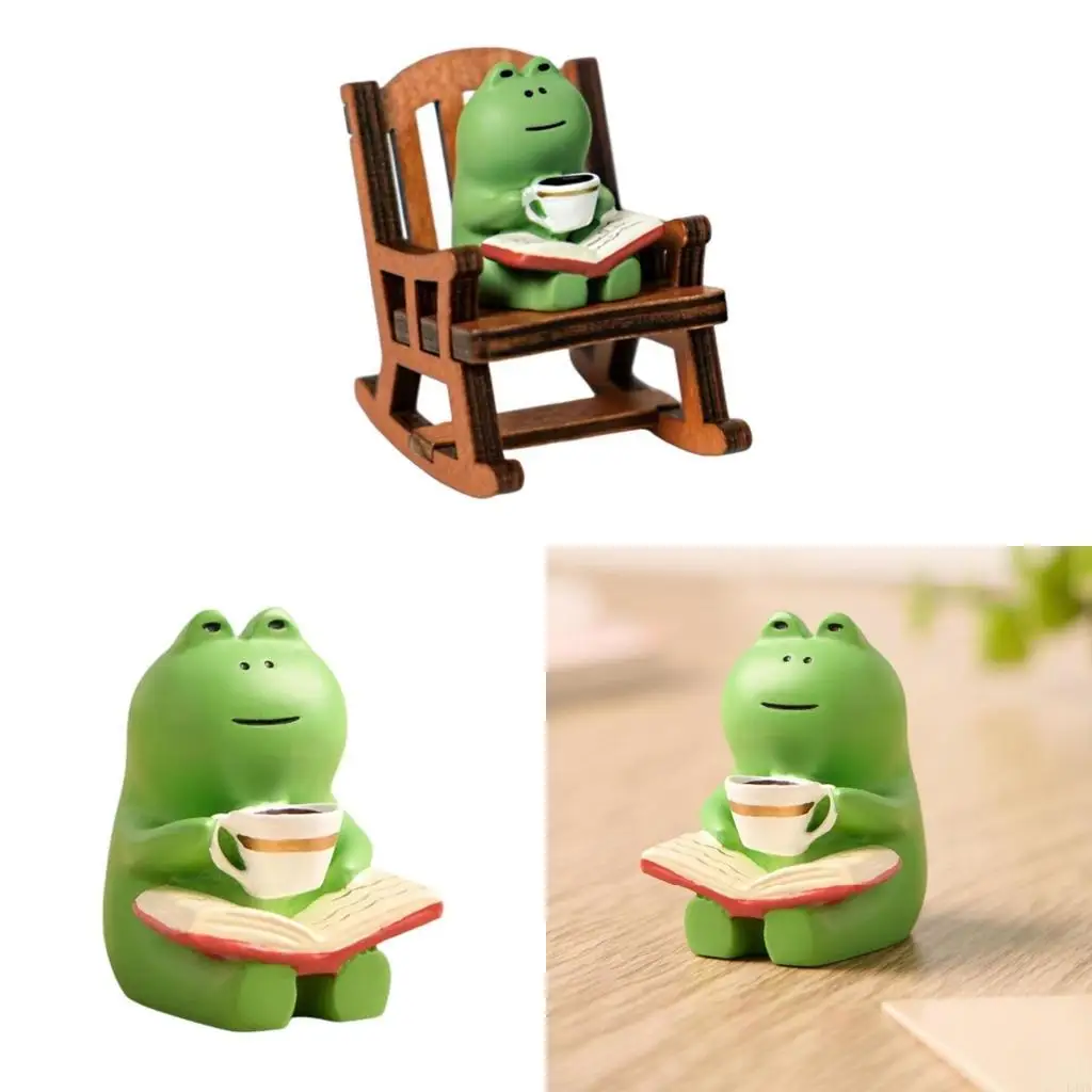 L43A Coffee Frogs with Rocking Chair Resins Figurine Miniature Desk Decors Ornament For Home Office Garden Landscape Decoration