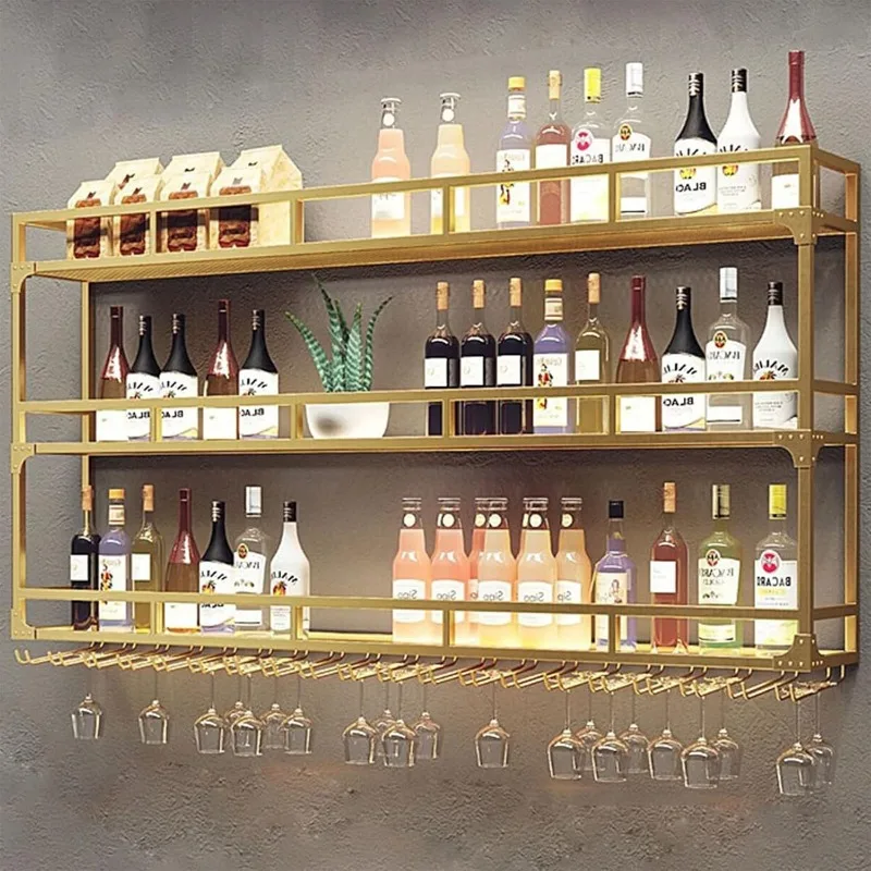 Large 59in Wine Rack with LED Lights Wall Mounted Bottle Glass Holder, 3-Tiers Liquor Floating Shelves Display Storage