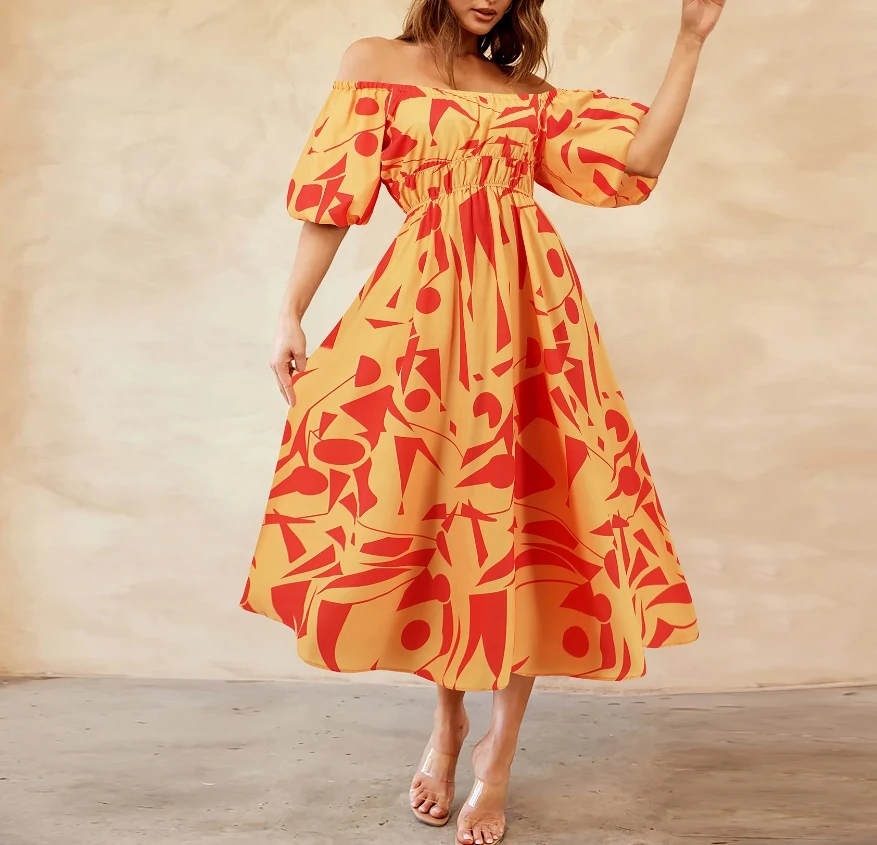 

Pretty Girl 2024 Hot Selling Hot Selling Summer Fashion Printed Bubble Sleeves Off Shoulder High Waist Big Hem Dress In Stock