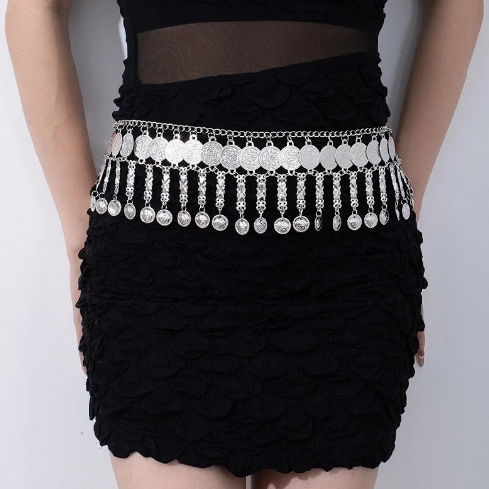 Trendy Alloy Metal Coin Waist Chain Adjustable Tassel Belly Belt Vintage Unique 2-in-1 Necklace Hair Accessories Casual Wear