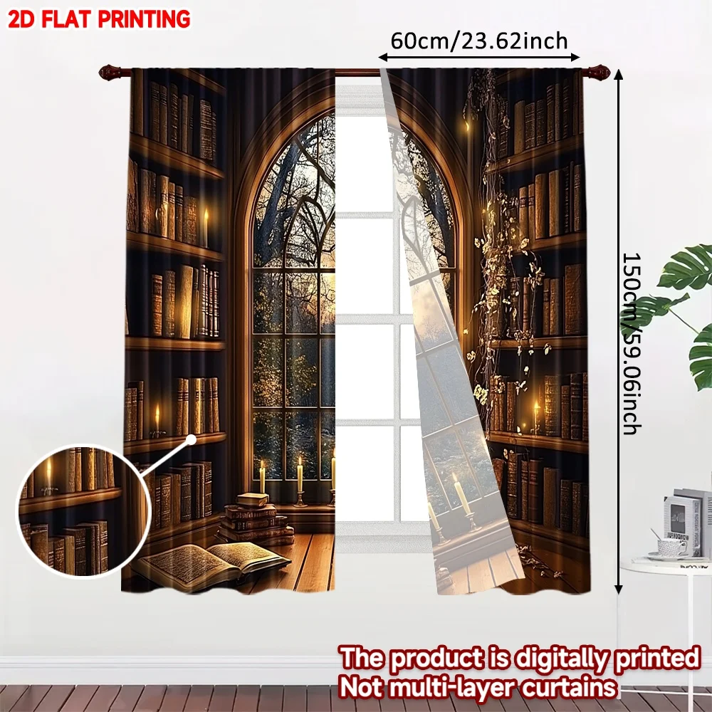 2pcs Arch Window Forest Library Curtains Cozy Bookshelf with Mysterious Dark Woods View, Single Layer Realistic Scene