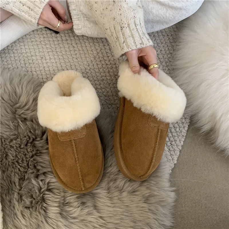 Fur one leather snow boots bun head half drag warm fur shoes snow cotton shoes go out to wear home winter women's shoes