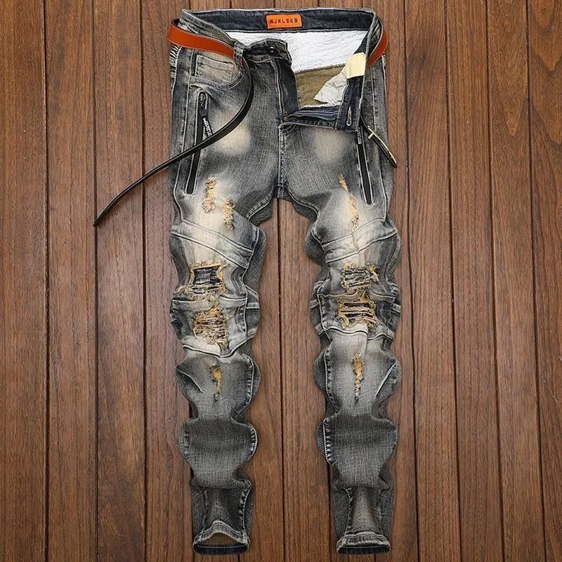 

Spring and Autumn Trendy Brand Distinctive Stitching Retro Stretch Jeans Men's Ripped Locomotive Patch Slim-fit Skinny Pants