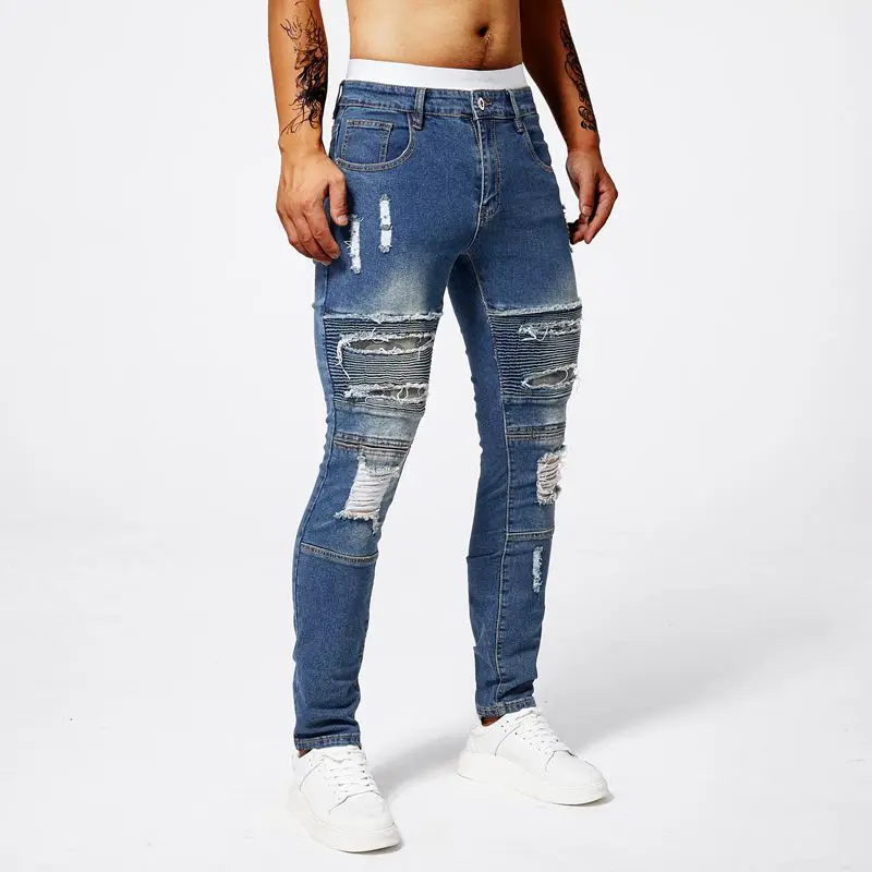 2024 New Summer Jeans Male Fashion Designer Breaking Hole Trendy Slim Fit Retro Motorcycle Fold Casual Bike Ripped Denim Pants