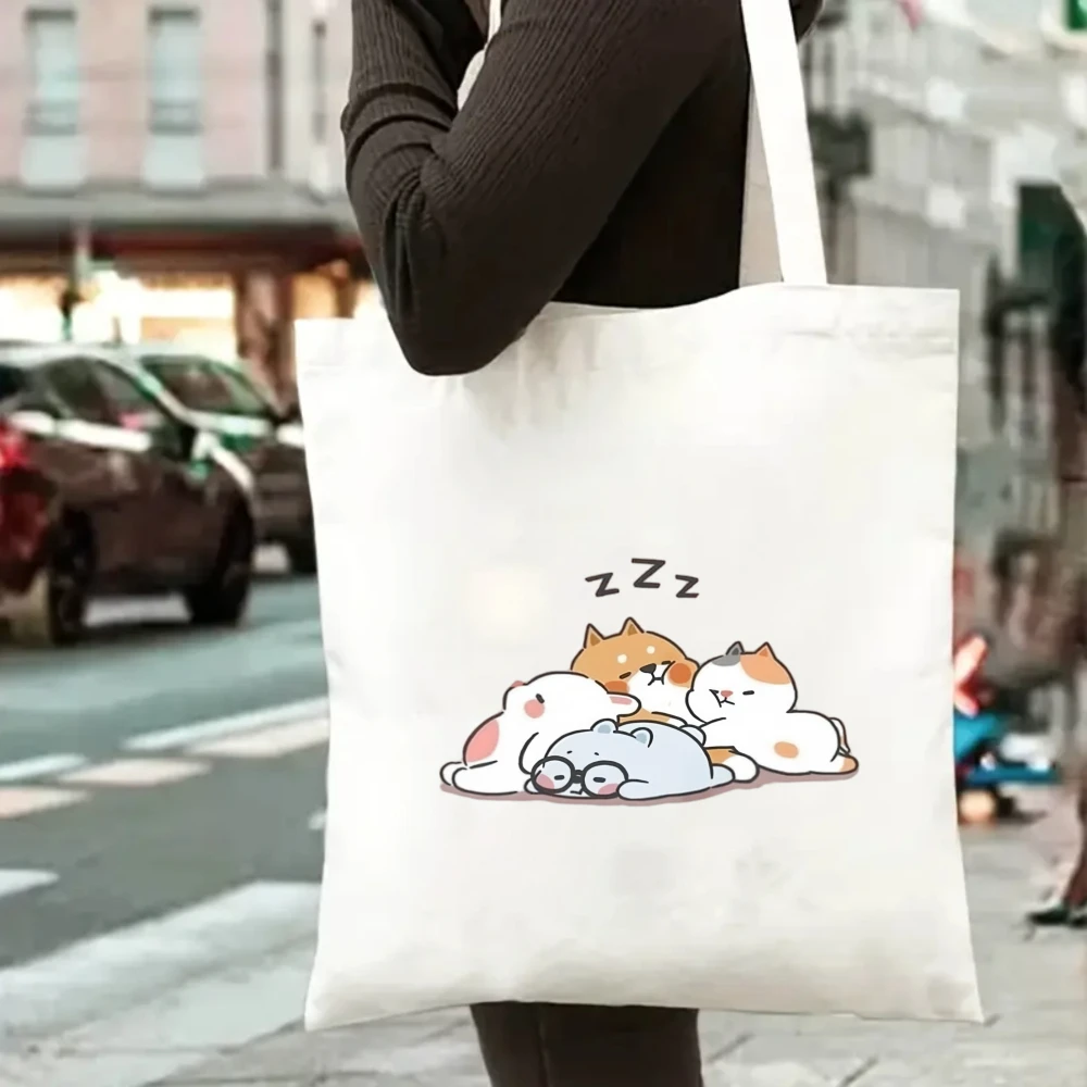 

Cute Stacked Cats "Miao" Canvas Tote Bag, Kawaii Cat Print Shoulder Bag for Cat Lovers