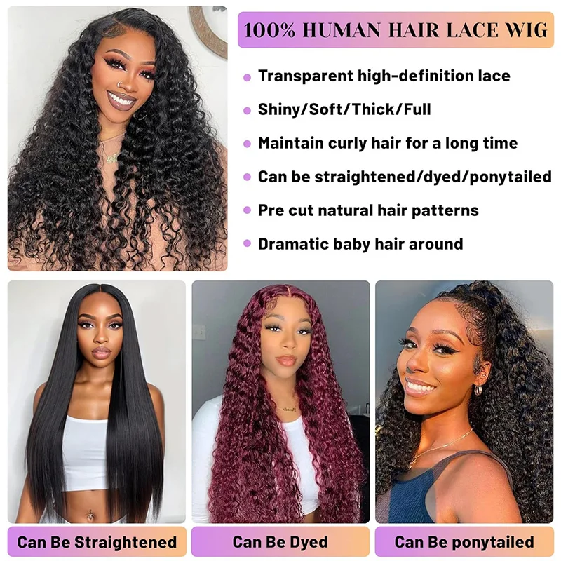 Pelucas delanteras de encaje de onda profunda 13x4 - Pelucas frontales transparentes HD de 200% de densidad - Sin pegamento, prearrancadas con pelo de bebé - Negro natural