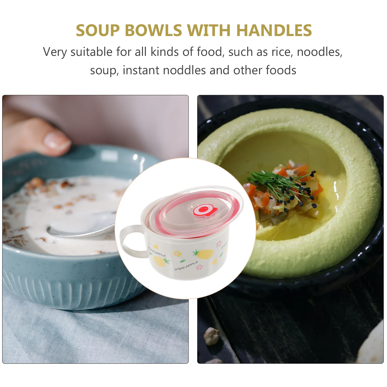 

Ceramic Soup Bowl Sealing Mug Lid Handle Large Capacity Microwave Safe for Rice Noodles Instant Foods Home Restaurant Party