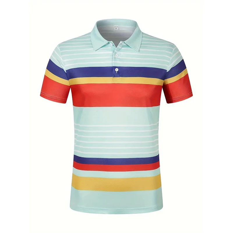 New summer men's casual short-sleeved Polo shirt lapel , fashion business sports breathable 3D horizontal bar printing top