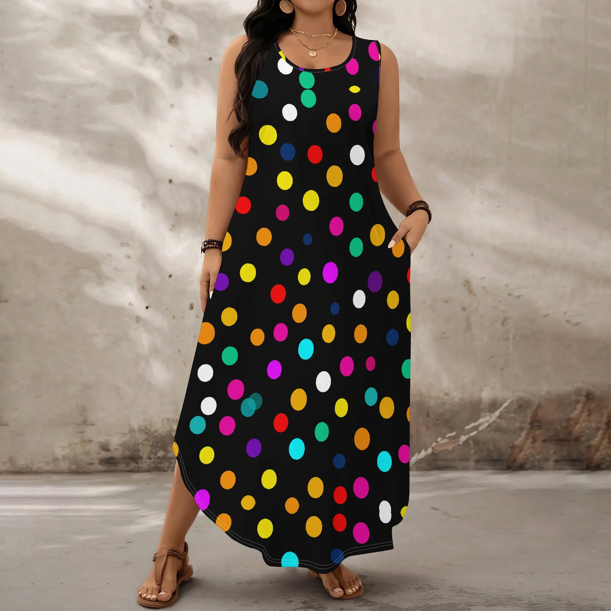 

Plus Size Colorful Polka Dot Sleeveless Maxi Dress XL-6XL Retro Fun Look for Summer Picnic or Day Out