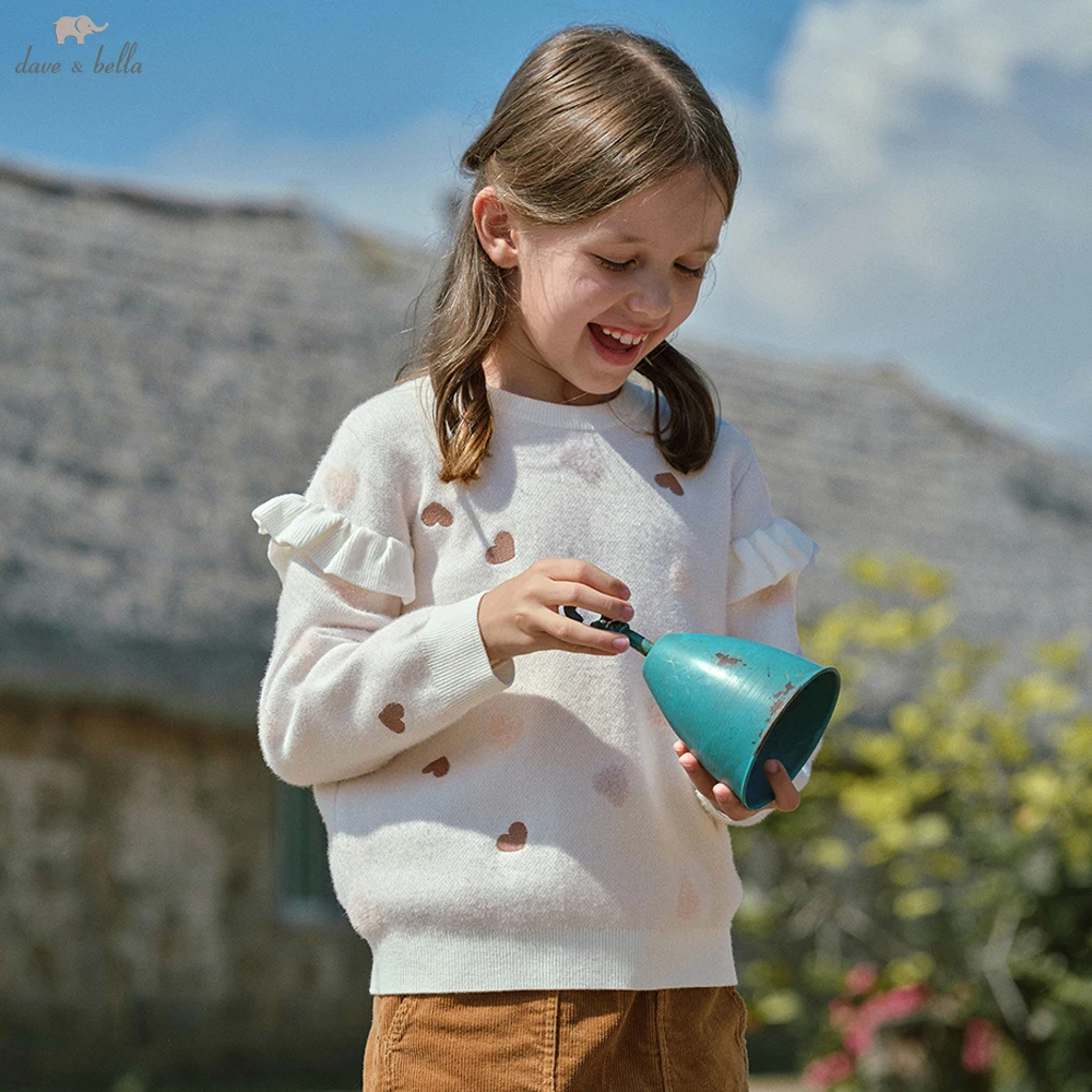 

Dave Bella, детский осенне-зимний вязаный пуловер, свитер для девочек, жаккардовый теплый свитер с сердечками, детская одежда DK4254169