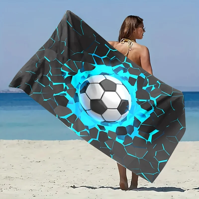 Soccer Ball Breaking Wall Beach Towel 3D Sports Print Soft Quick-Dry Large Bath Towel for Football Fans Gift