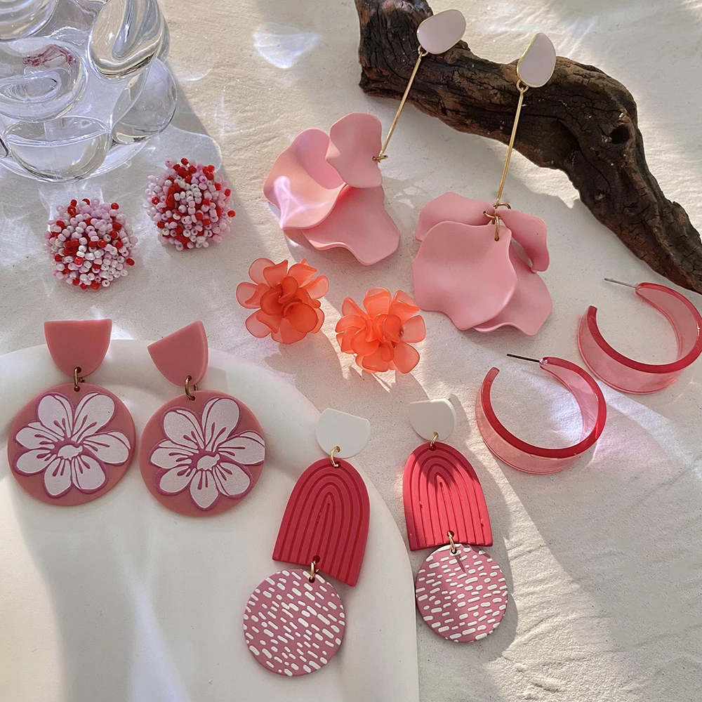 Lifefontier Handmade Red Acrylic Geometric Floral Wedding Bride Drop Earrings For Women Temperament Jewelry Flower Earring Gift