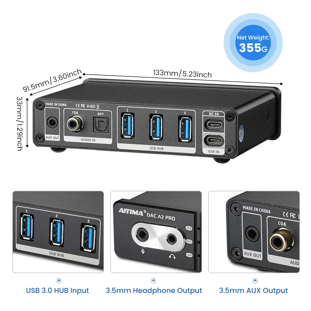 Audio DAC-A2 PRO USB Gaming DAC Headphone Amplifier Hub USB Mini Decoder for PS5 Desktop Gaming Headset Active Speakers