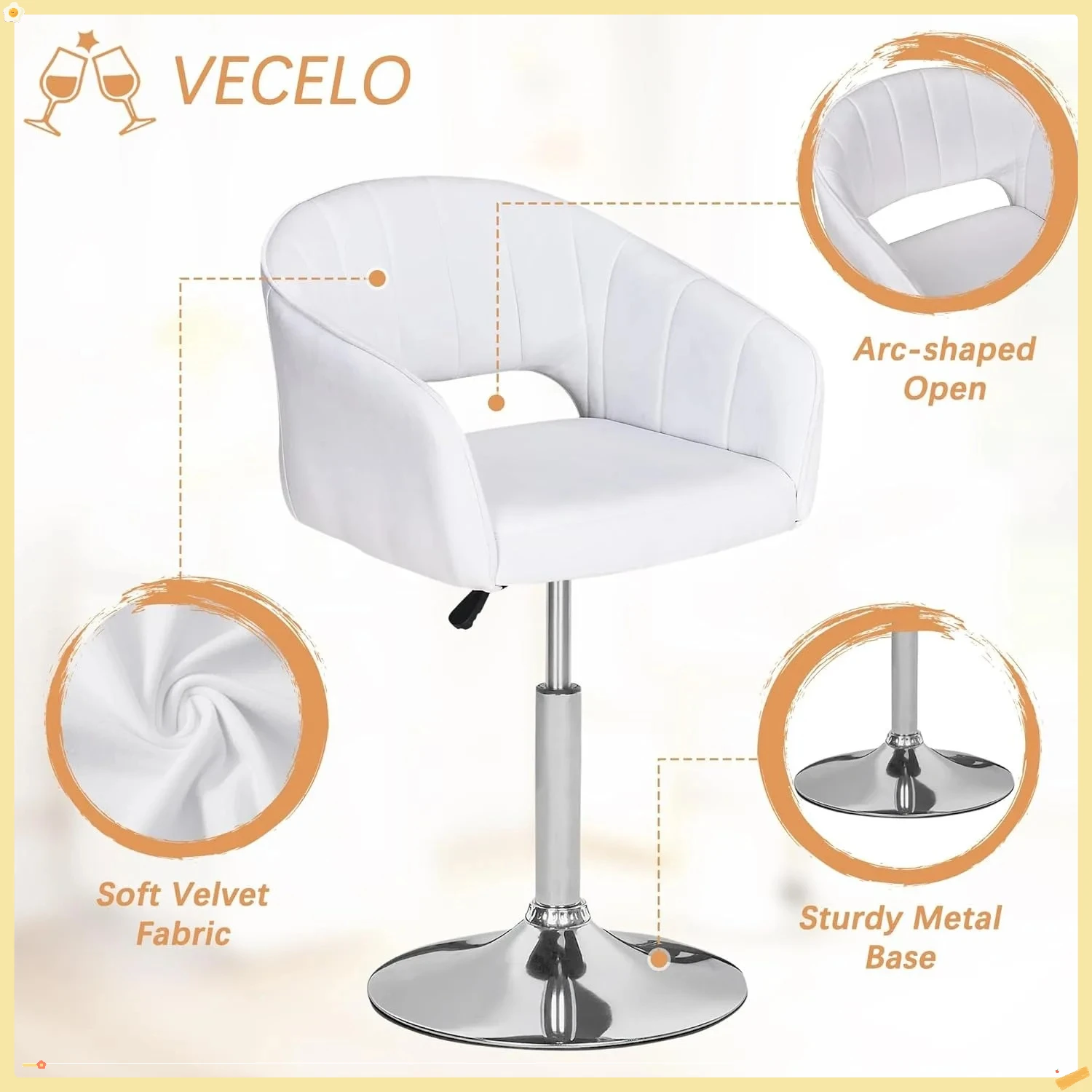 Sedia da bar in velluto, sgabelli da bar urbani regolabili con schienale alto e base in metallo, 360 ° Girevole, per sala da pranzo Home Office