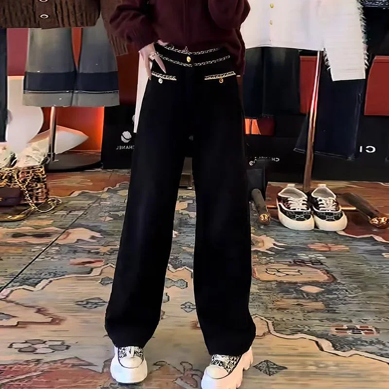新しいファッションメタルチェーン長ズボン女性春秋ハイウエストカジュアル春秋ハイエンド黒ストレートズボン