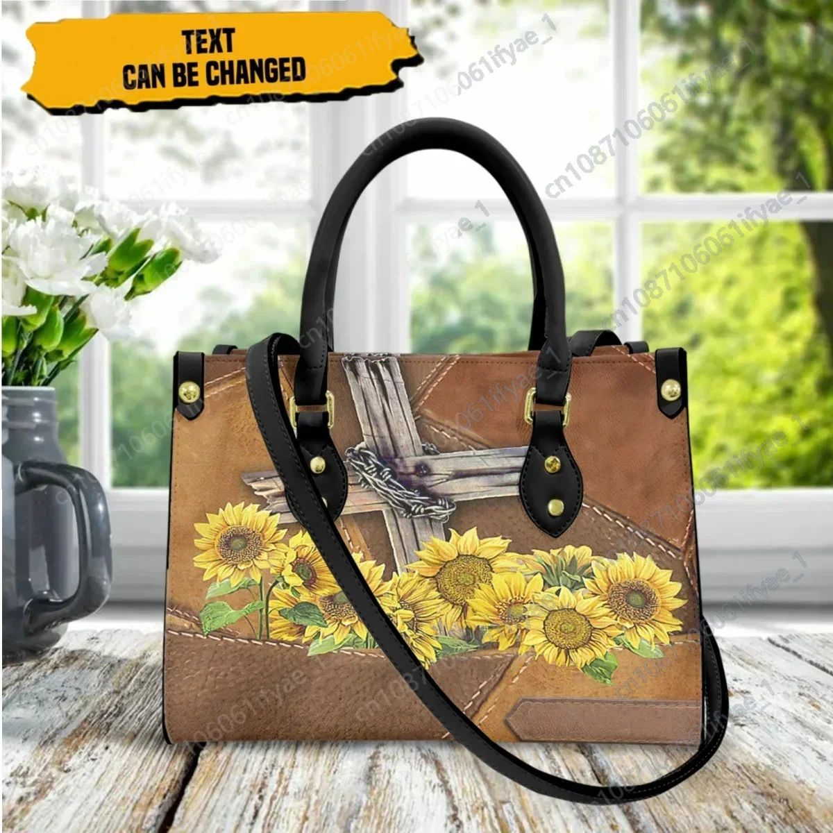 

cywgift God Cross and Sunflower Design Women Handbags Fashion Leather Ladies Totes Shoulder Bags for Female Easter Gift Bolsa