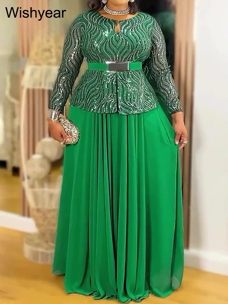 New Luxury Sequined Patchwork pleated Long Dress with Belt Women Long Sleeve Slim Wedding Guest Christmas African Winter Robe