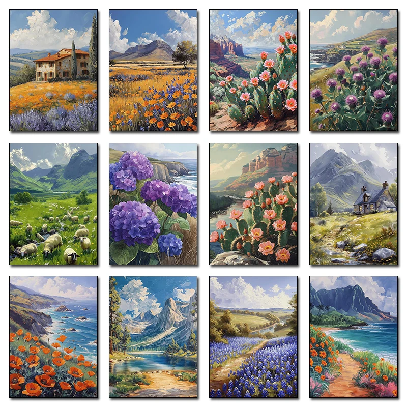 Spring Comic Style Prairie Wildflower Snow Mountain Island Forest Scenery Poster Canvas Paintings Wall Art Pictures Home Deco