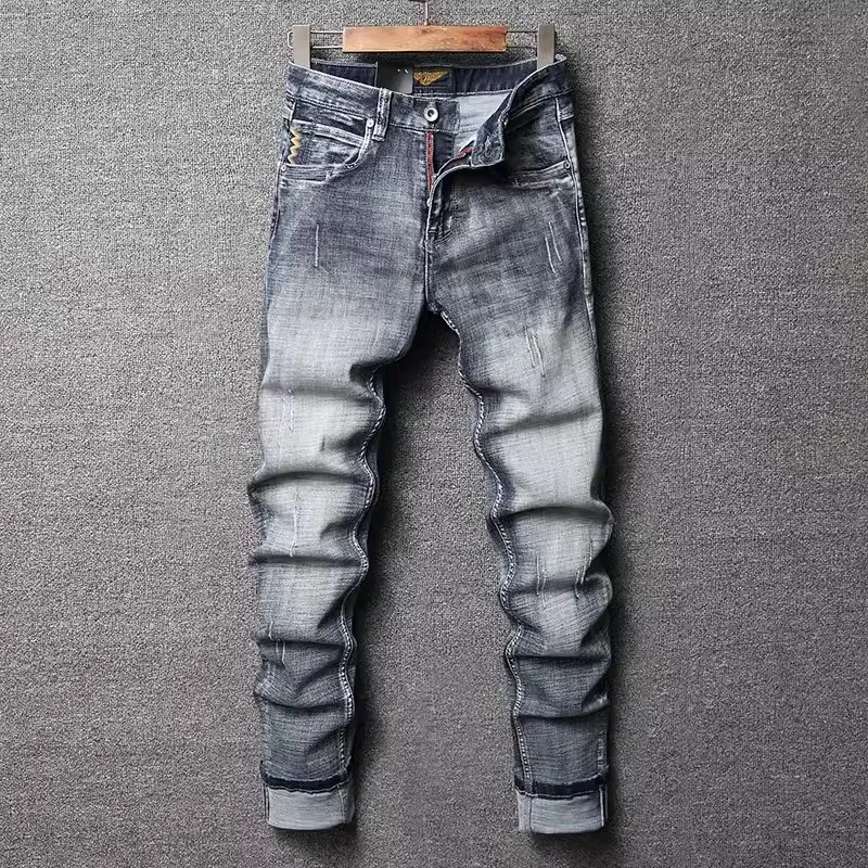 Italiaanse Stijl Mode Heren Jeans Retro Blauw Grijs Stretch Slim Fit Gescheurde Jeans Heren Borduurwerk Designer Vintage Denim Broek Hombre