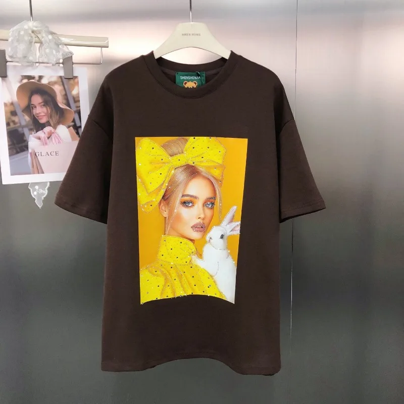 Estilo americano na moda original pesado-indústria diamante brocas personagem impressão t solto algodão de manga curta camisetas pulôver