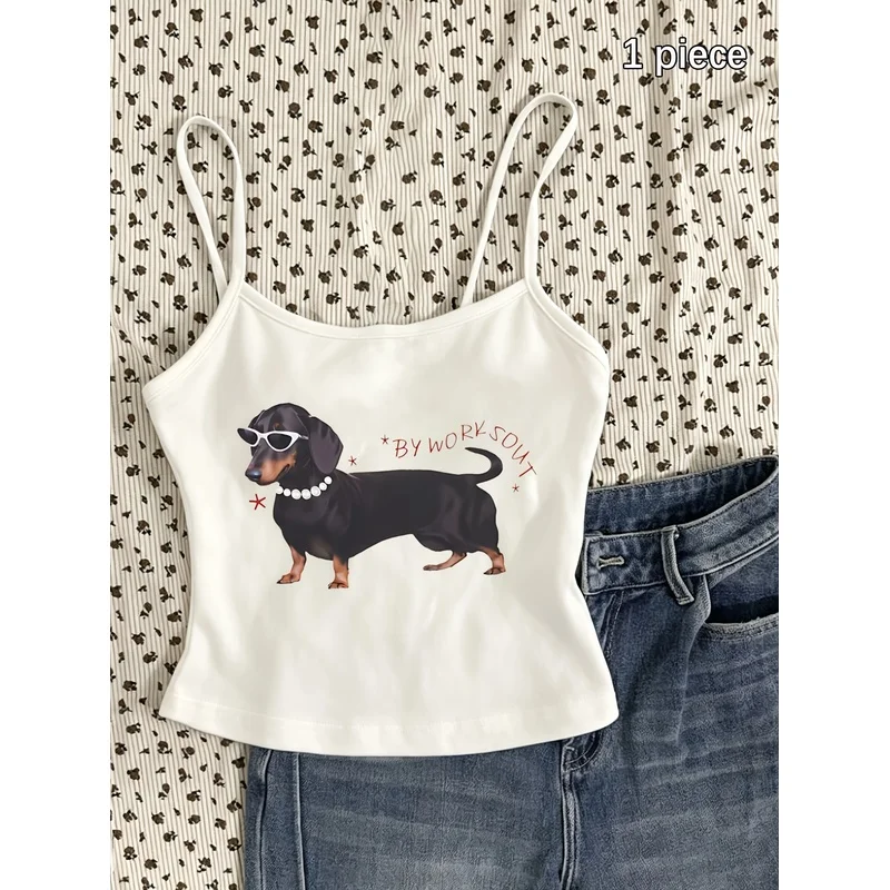 Cool Sunglasses Dachshund BY WORKSOUT Print White Slim Cami Tank Top