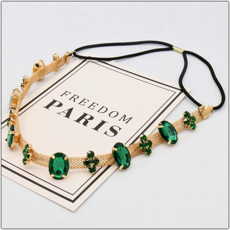 الأخضر حجر الراين رئيس سلاسل عقال مطاطا قابل للتعديل هيرباند الزفاف الزفاف الشعر التبعي كريستال خوذة الشعر الحلي #3