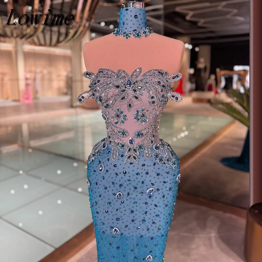 

Blue Sparkly Strapless Prom Dress with Rhinestones Sexy Crystal Evening Gown Sleeveless Floor Length Appliques Customizable