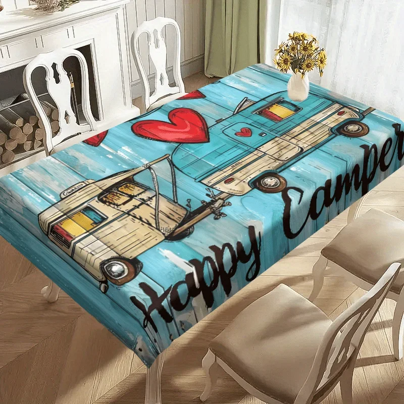 Happy Camper Retro Camping Tablecloth Vintage Camper Van & Hearts Wood Design Durable Table Cover for Indoor Outdoor Use