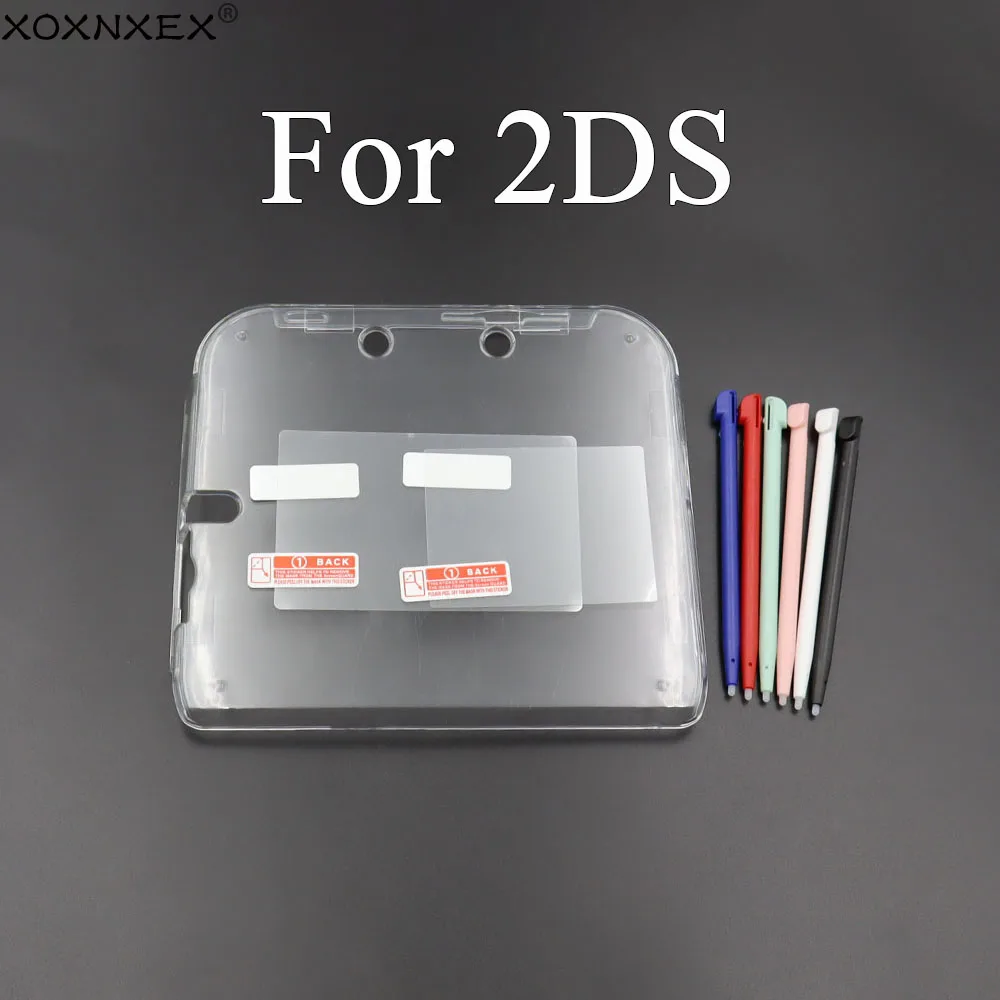 1Set für 2DS-Hülle, langlebige transparente Kunststoff-Schutzhülle + Anti-Staub-Folie + Kunststoffstift für 2DS-Gaming
