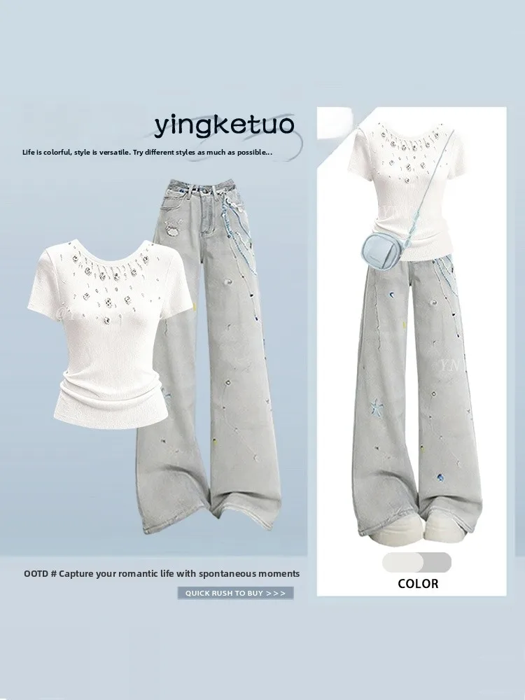

Summer Denim Style Women's Set Youthful High Waist Wide Leg Pants Short Sleeve White Top Two Piece Set Fashionable Casual Wear