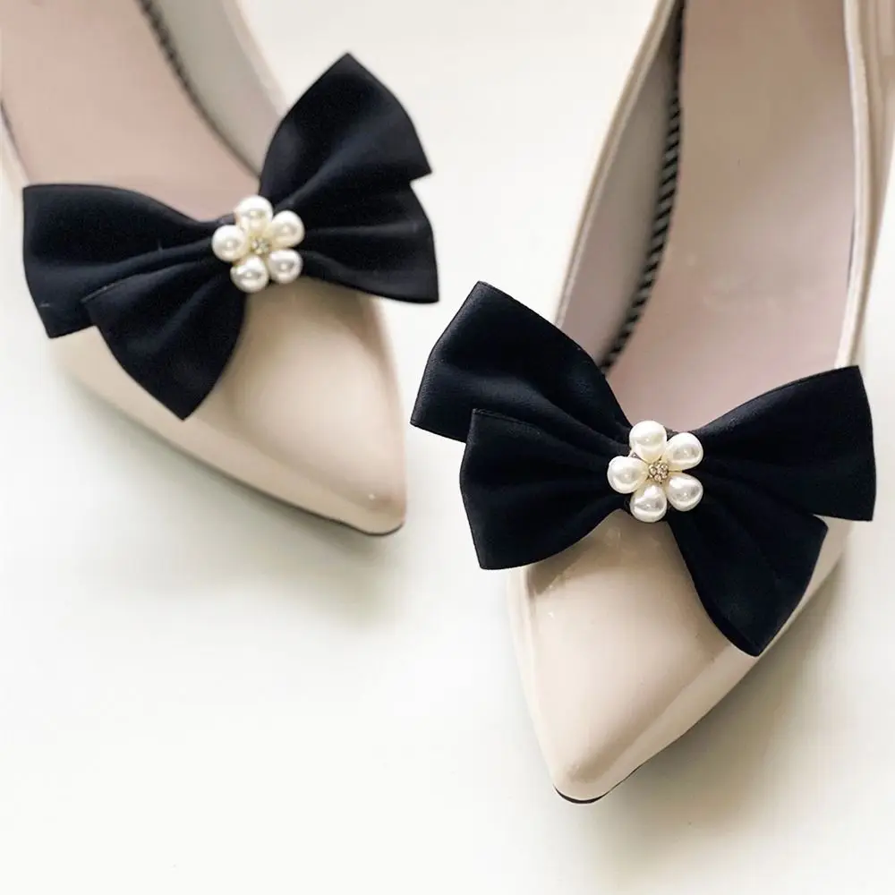 1Pair Elegant Bowknot Shoes Buckles Pearl Shoe Clips Women Removable Wedding Shoe Decoration Charms DIY Crafts