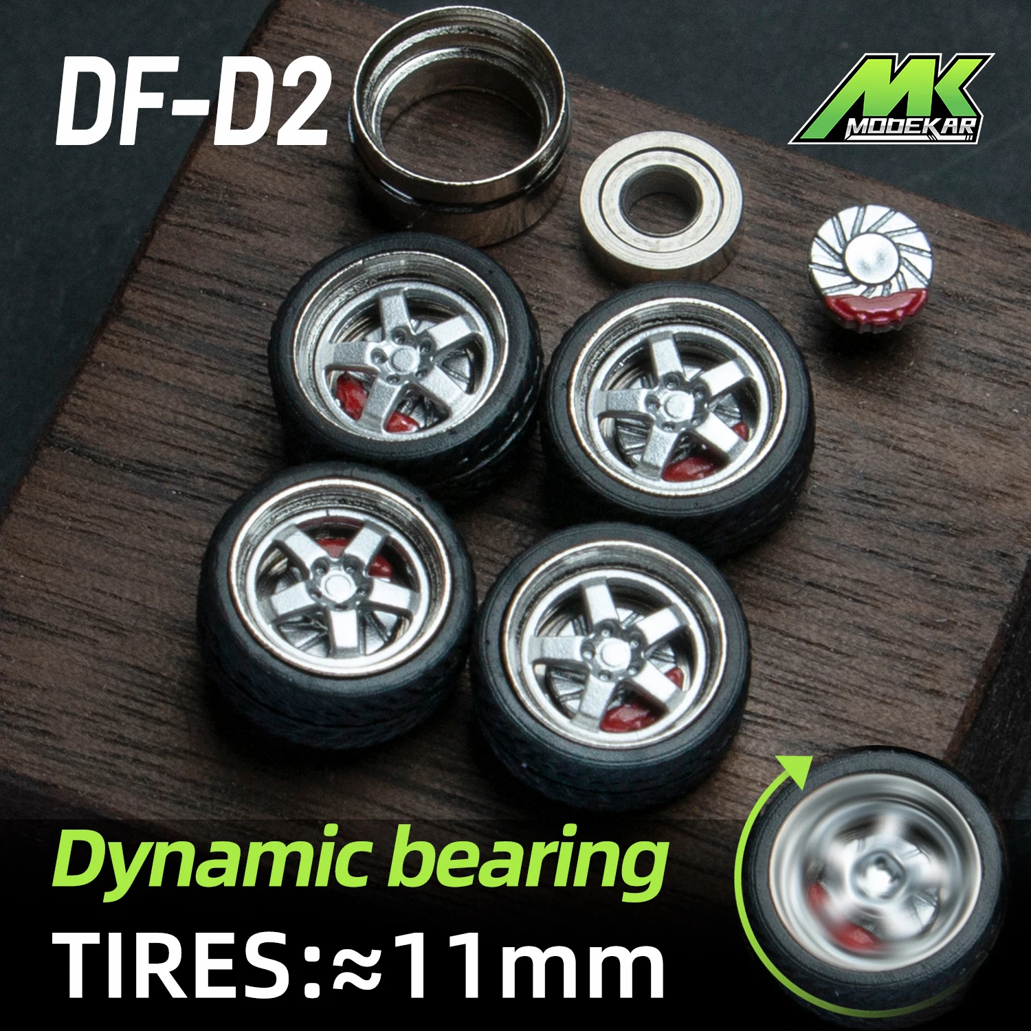 1/64 Scale Car Model Dynamic Bearing Wheels with Rotary Disc Brake Calipers Metal Wheels Modified Rubber Tires for Collectible