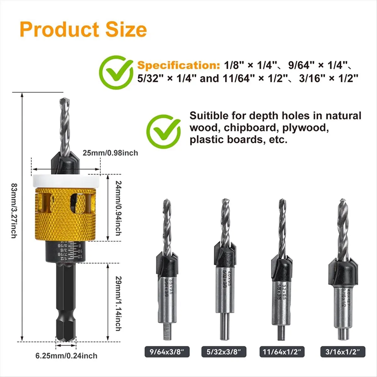 Top Sale 5 Pcs Countersink Drill Bit Set: Replaceable HSS M2 Tapered Bits - 82° Counter Bore with Adjustable Depth Stop
