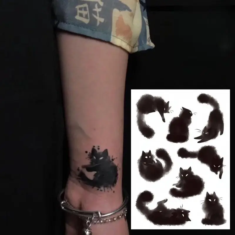 Black Cat Tattoo Stickers para homens e mulheres, desenhos animados falsos, impermeável, duradouro, bonito, arte do braço, tatuagens temporárias