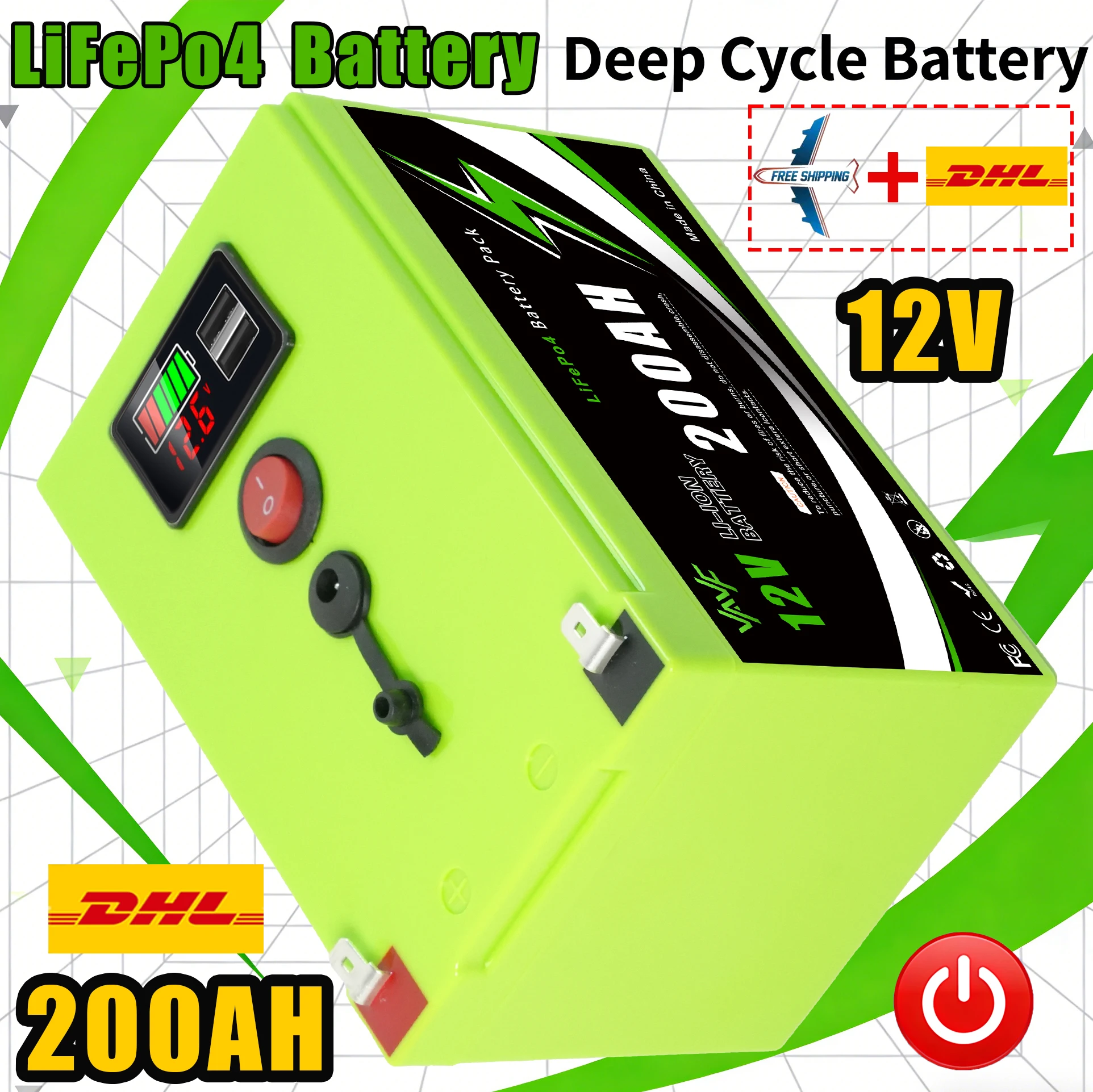 

Brand New 12V 200Ah LiFePO4 Deep Cycle Battery, Rechargeable Built-in BMS for Solar Power,Scooters,Fish FinderBoats