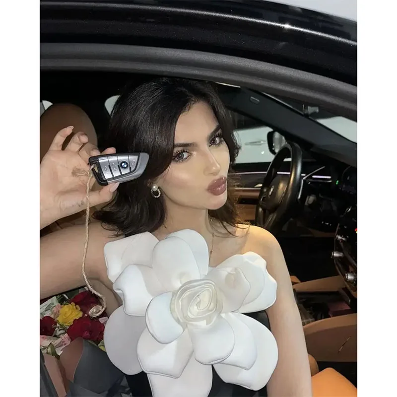 Elegante vestido de noche negro con flor de artesanía blanca para mujer, vestidos de fiesta de Arabia Saudita, largo hasta el tobillo, vestido de Graduación