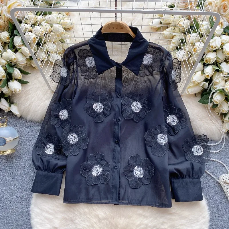 Neploe Heavy Beading Sequin 3D Flower Shirt for Women 2024 Spring New See Through Mesh Blouses Y2k Long Sleeve Blusas Mujer