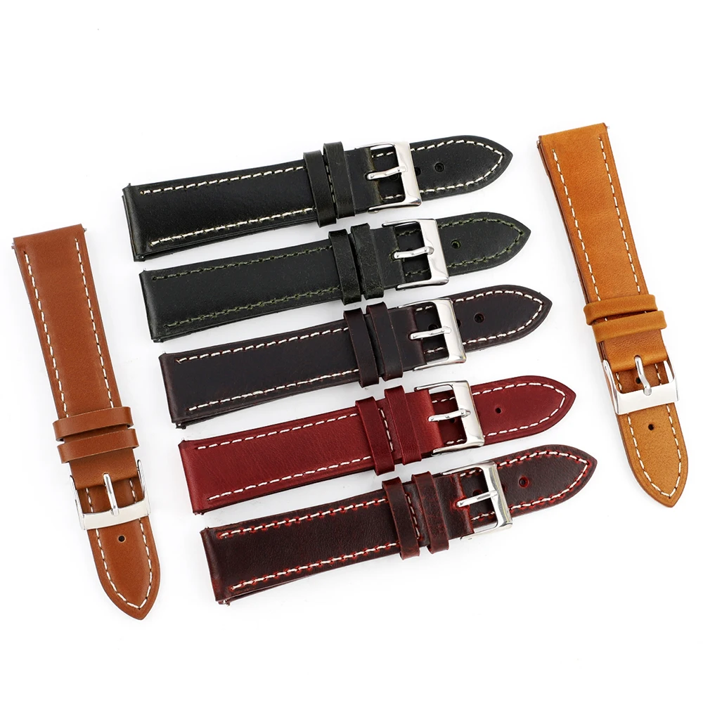 Genuine Leather Handmade Stitching Watch Band 18mm 19mm 20mm 21mm 22mm Soft Wrist Bracelet Smooth Surface for Watch Accessories
