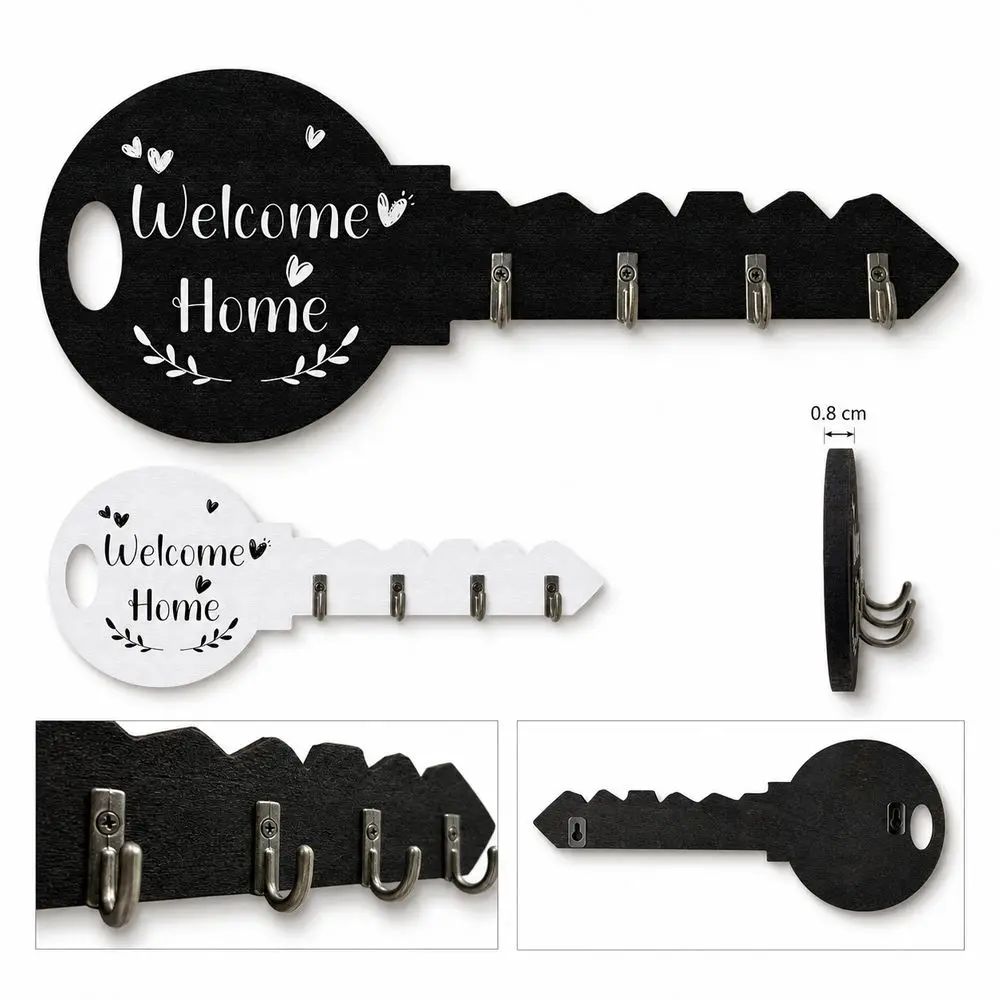 Gifts Wood Wooden Key Holder Metal Hooks Rustic Style Wall Key Rack Bohemian Style Key Shaped Key Hook Organizer Wall Decor