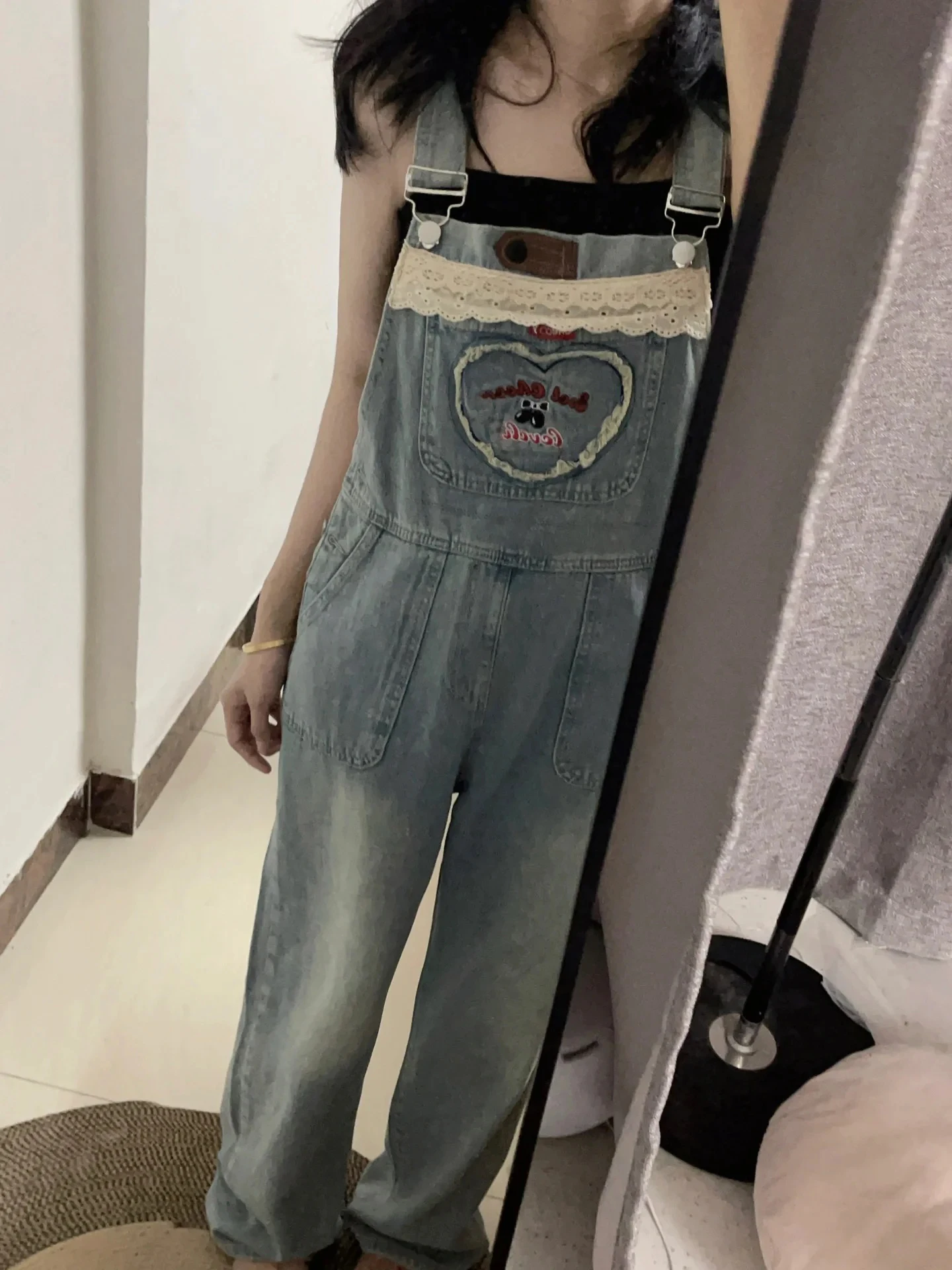 Sweet Cool Lace Trim Denim Overalls Women Summer Thin Design Loose Workwear Strap Pants Small Size High Waist Long Pants