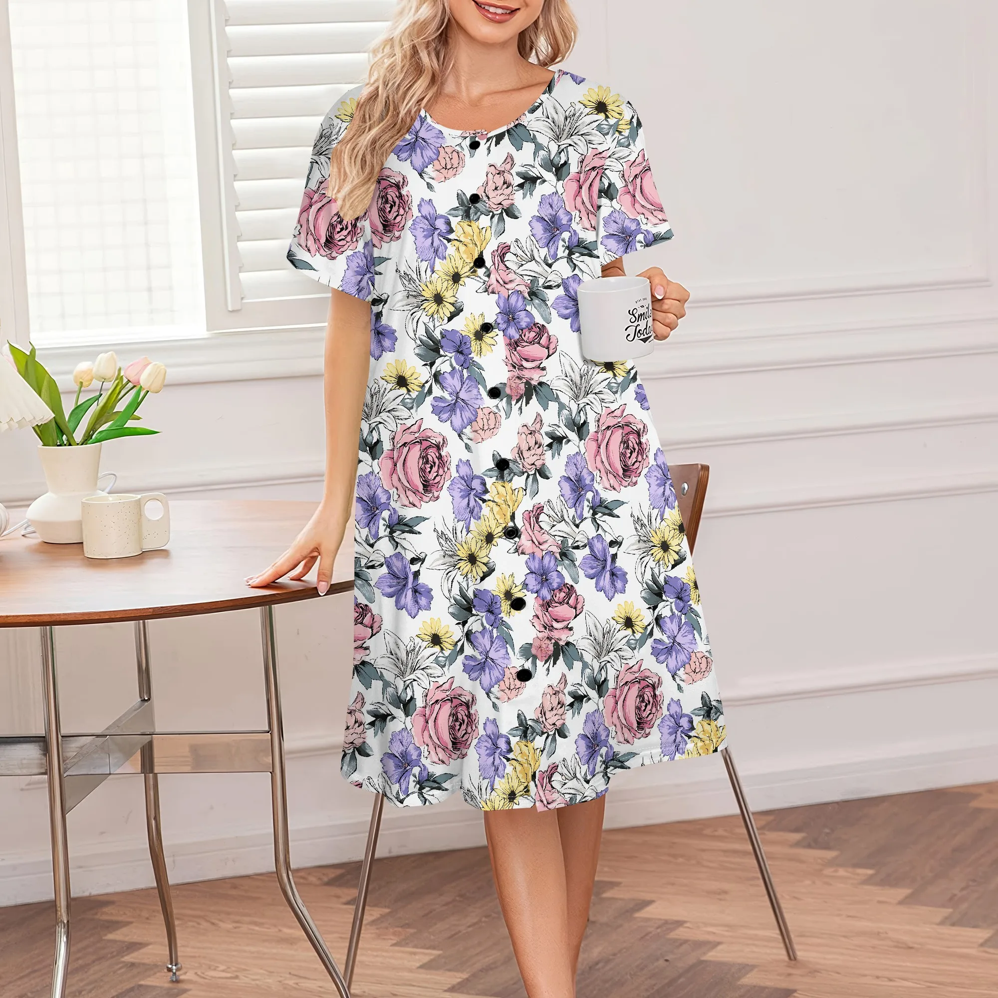 

Floral Print Summer Dress Women's Casual Button Short Sleeve Dress S-3XL Vintage Floral Pattern