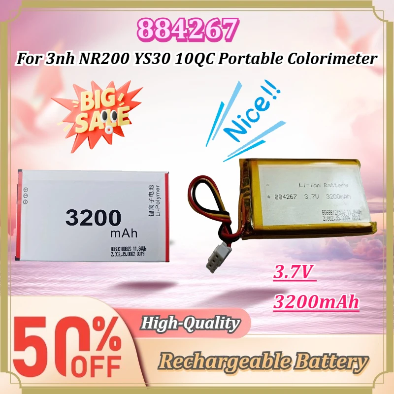 For 3nh NR200 YS30 10QC Portable Colorimeter 884267 3.7V 3200mAh 11.84Wh Rechargeable Li-ion Replacement Battery Pack