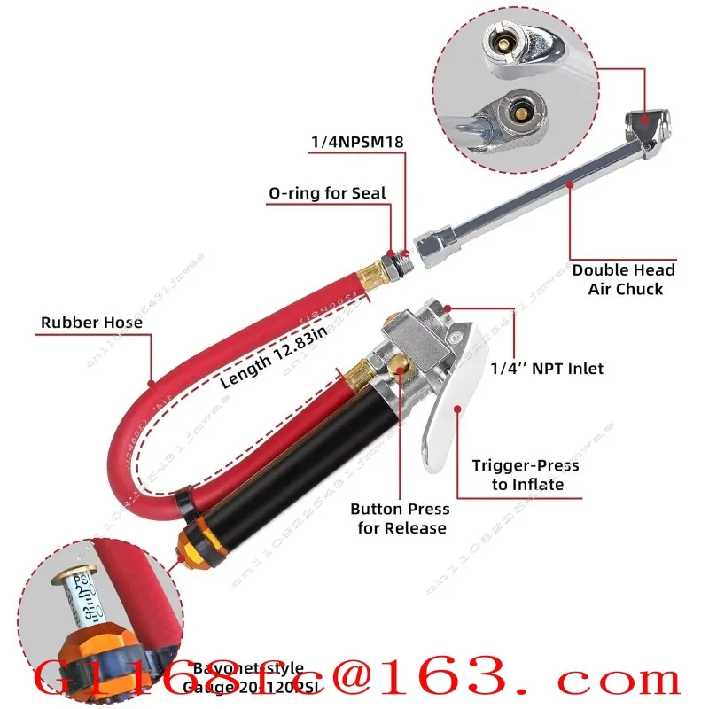 Heavy Duty Double Head Tire Inflation Meter with Rubber Hose 120 Psi Air Chuck