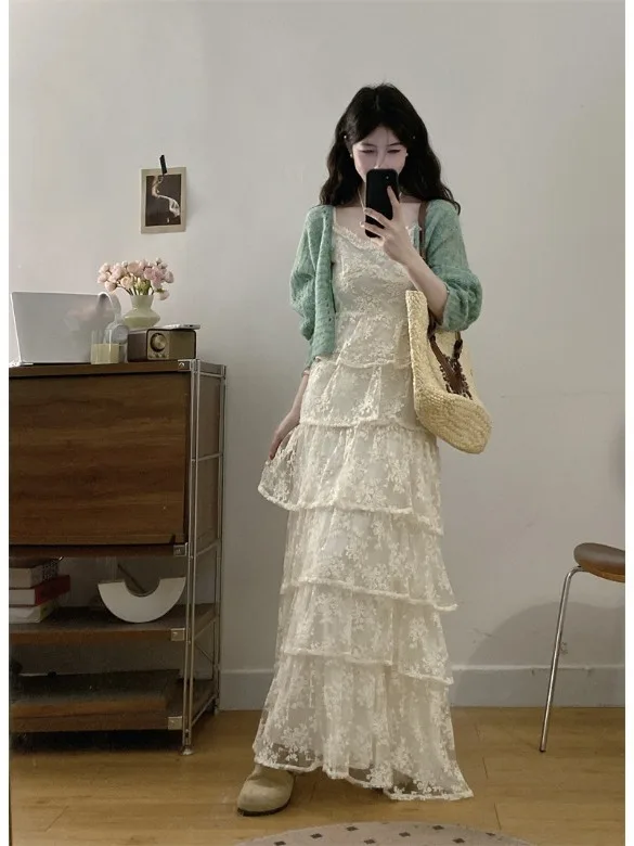 

Женская летняя юбка-трапеция больших размеров с вышивкой, кружевом, тонкая, с V-образным вырезом, длинными рукавами и завышенной талией