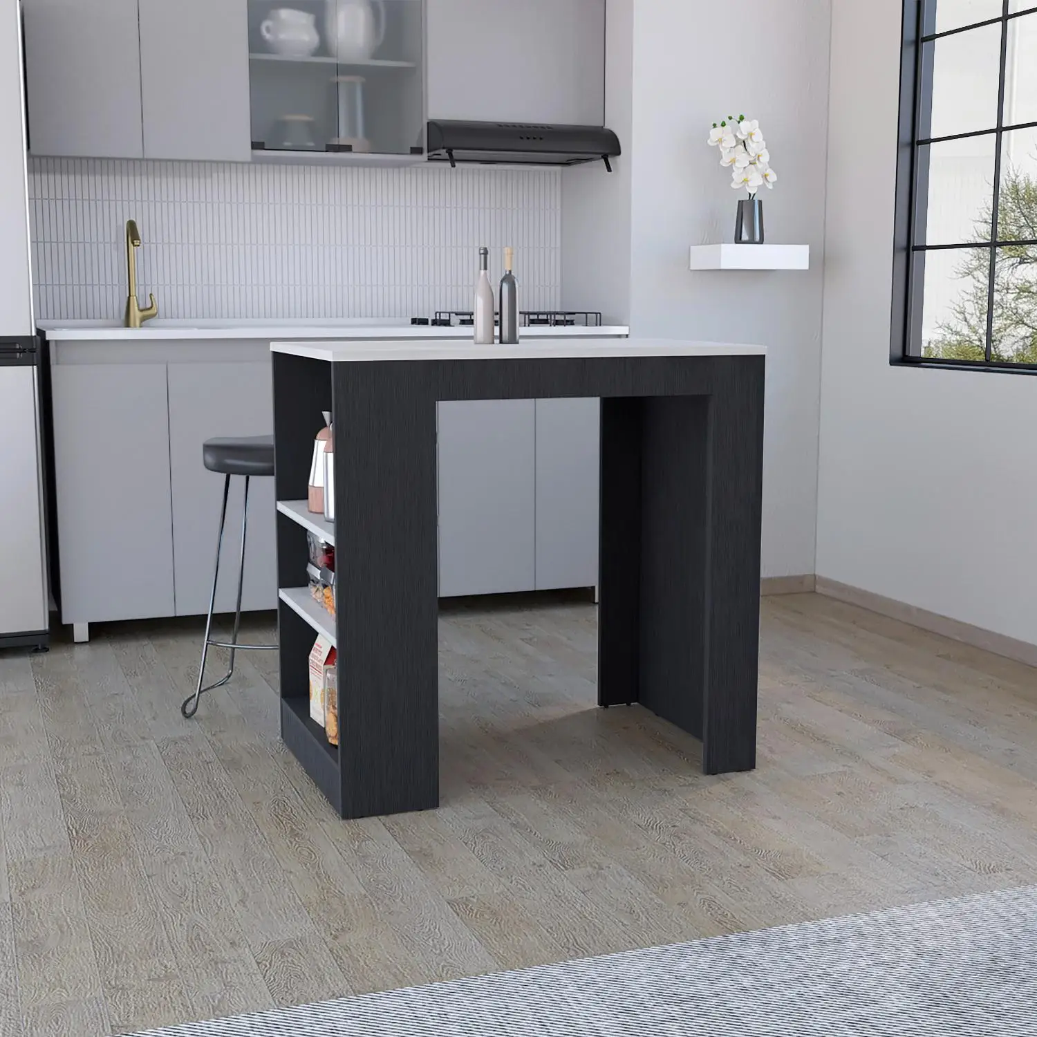 Portree Kitchen Island with 3-Side Shelves Black / Ibiza Marble