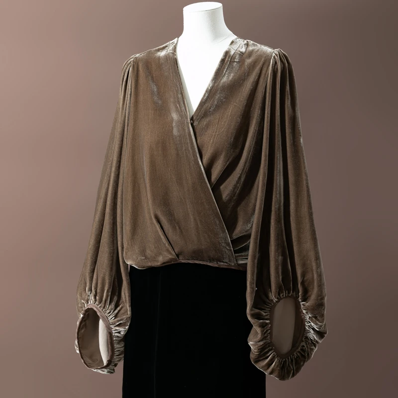 

Women Velvet Silk Cardigan 100% Mulberry Silk Lining V Neck Coat Brown Covered Button Shirt Top Blouse Office Lady M1227