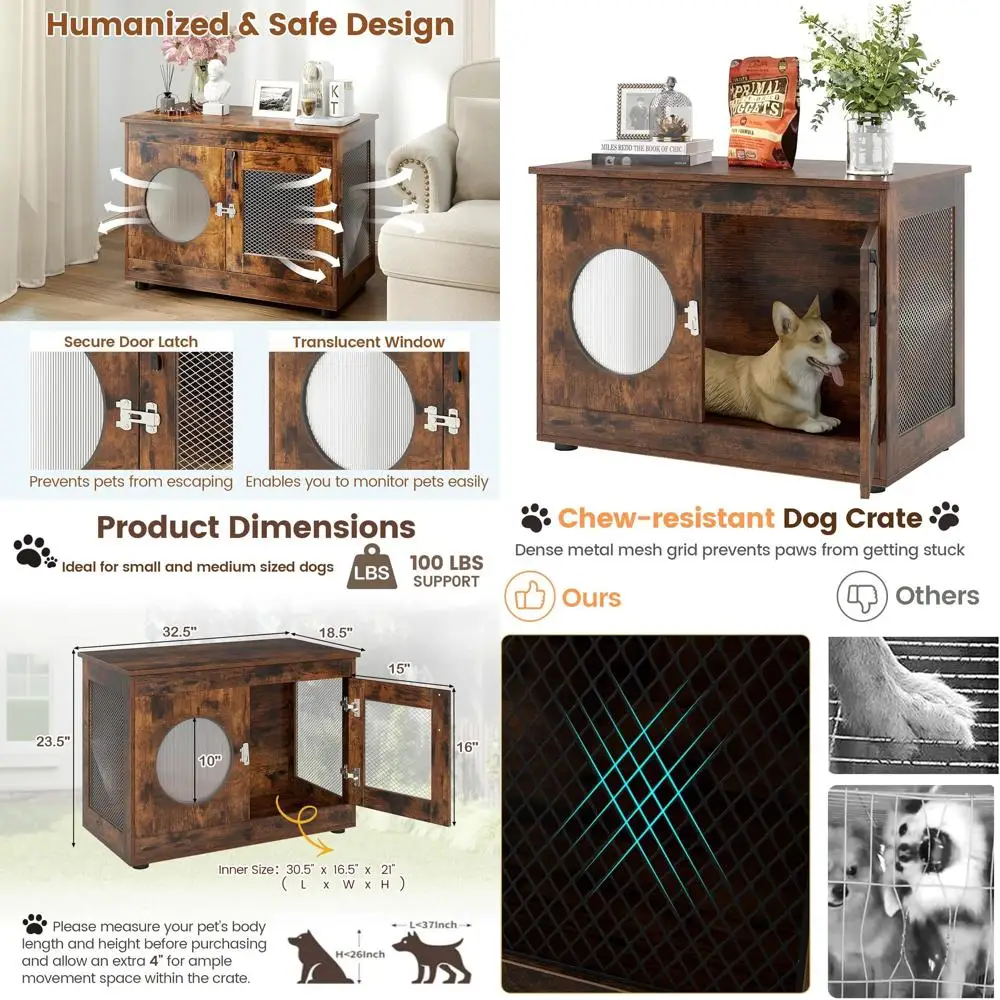 

Деревянный вольер для собак 32,5 дюйма, декоративный, в индустриальном стиле, для использования в помещении, с полупрозрачным окном и запирающейся дверью, идеально подходит для собак мелких и средних пород.